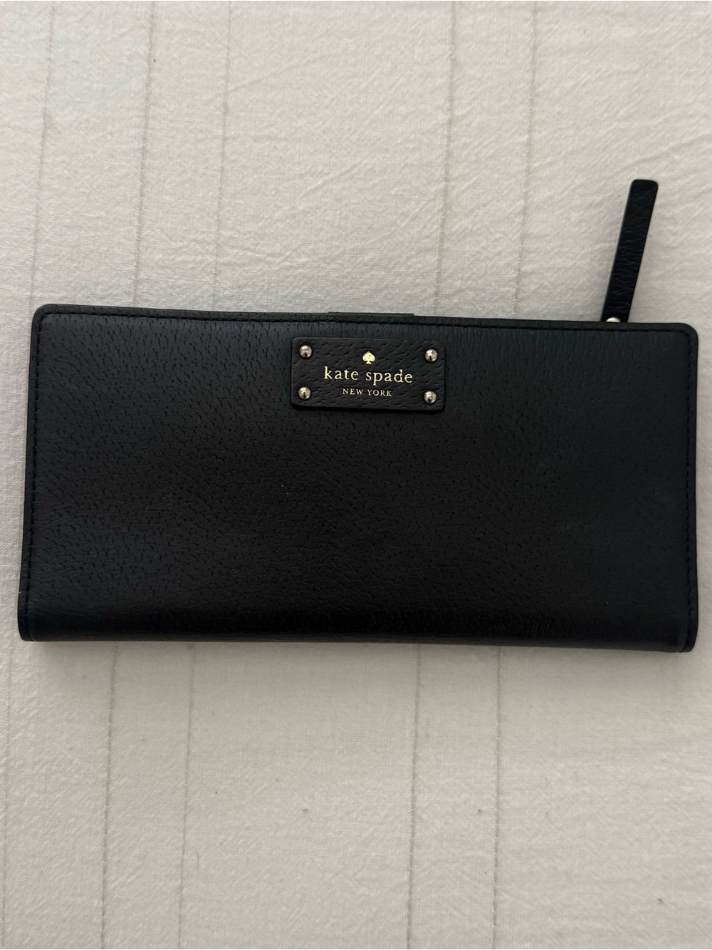 kate spade Black Leather Zip Around Wallet with Gold Plaque
